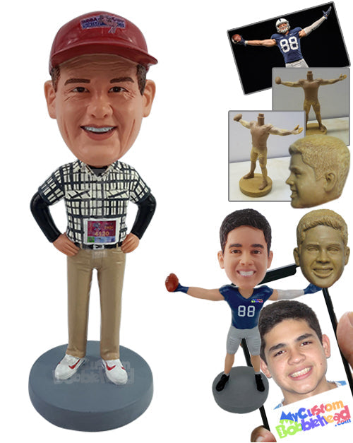 Runner guy wearing shirt, pants, nice sneakers, hands on hips Personalized Bobblehead