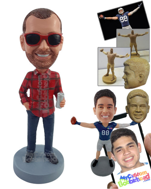 Cool Dude Holding a Beer Can Wearing Classy Country Shirt, Jeans, and Boots Personalized Bobblehead