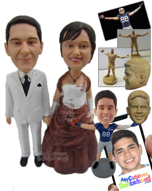 Couple in Classy Formal Wedding Attire Holding Hands Personalized Bobblehead