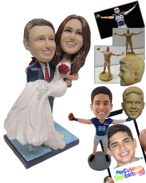Scuba Diving Groom Carrying Bride in His Arm Both in Wedding & Scuba Diving Attire Personalized Bobblehead