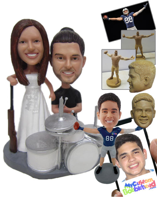 Drummer Groom and Hunter Bride Wedding Couple Personalized Bobblehead