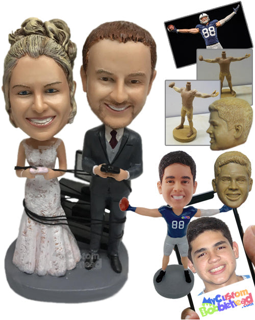 Video Gaming Wedding Couple in Formal Attire Personalized Bobblehead