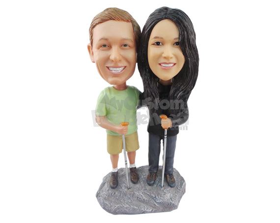 Custom Bobblehead Rock Climbing Couple Posing With Their Rock Climbing Stick - Wedding & Couples Couple Personalized Bobblehead & Cake Topper