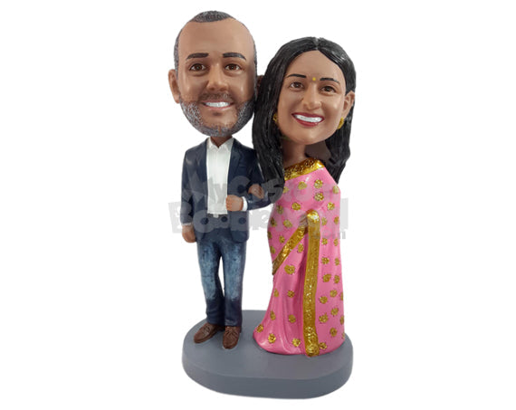 Custom Bobblehead Traditional couple wearing gorgeous sari dress and nice male suit - Wedding & Couples Bride & Groom Personalized Bobblehead & Action Figure