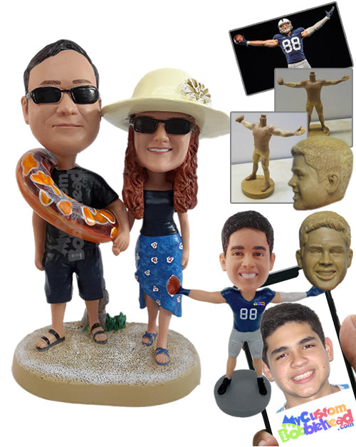 Vacational happy couple spending a great time on the beach with his pool lifesaver Personalized Bobblehead