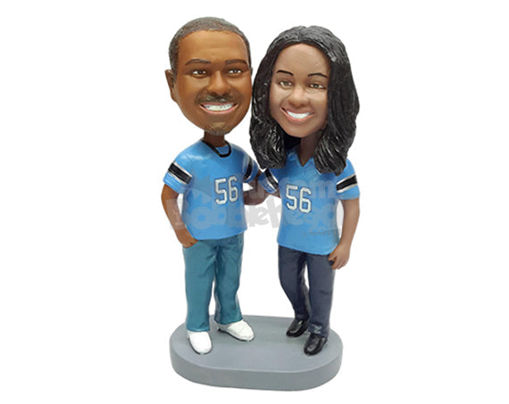 Custom Bobblehead happy football couple fans hugging posing for a picture wearing jerseys and jeans - Wedding & Couples Couple Personalized Bobblehead & Action Figure