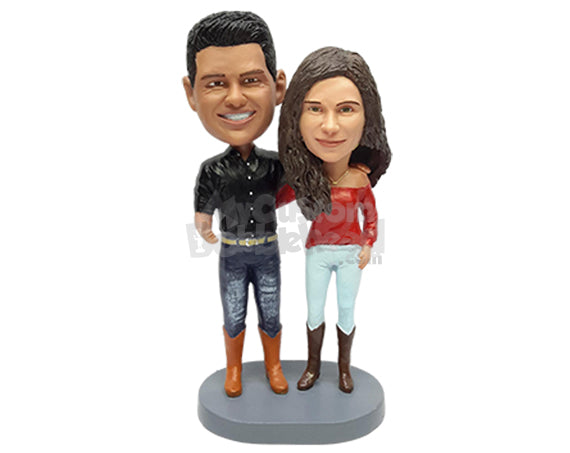 Custom Bobblehead Cowboy looking couple wearing nice shirts and cool long boots - Wedding & Couples Couple Personalized Bobblehead & Action Figure