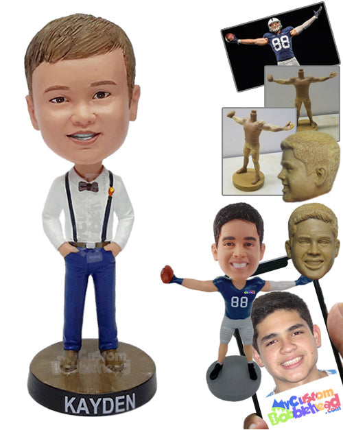 Nice looking kid wearing a bow tie and suspenders Personalized Bobblehead
