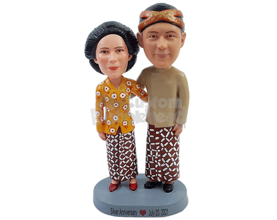 Custom Bobblehead Wedding couple wearing traditional dresses hugging eachother - Wedding & Couples Couple Personalized Bobblehead & Action Figure