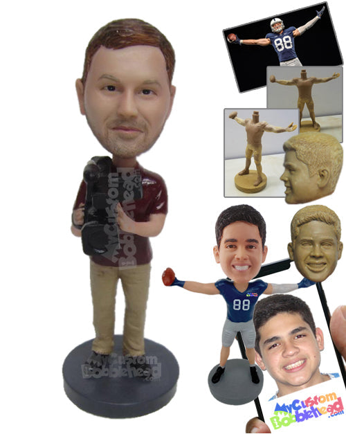 News Reporter Doing Video Work with His Camera Wearing T-Shirt and Pants Personalized Bobblehead