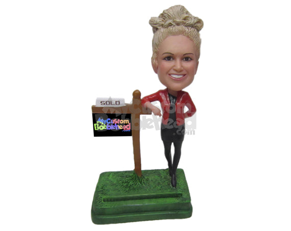 Female Real Estate Agent Wearing Stylish Jacket and Jeans Personalized Bobblehead