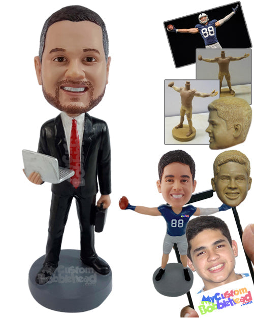 Man Wearing Shirt while Holding a Laptop, like a Stock Broker Personalized Bobblehead