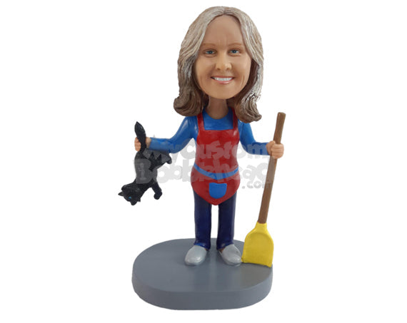 Custom Bobblehead House Cleaner Holding Mop And Cat - Careers & Professionals Nurses Personalized Bobblehead & Cake Topper