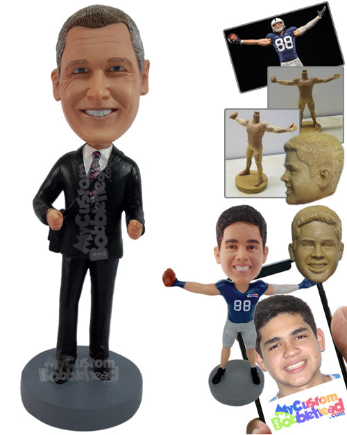 Happy Businessman Wearing a Suit with a Male-purse on the Side Personalized Bobblehead