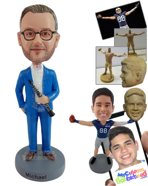 Elegant Musician Ready to Perform with His Flute, Wearing Nice Bowtie and Suit Personalized Bobblehead