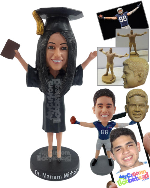 Enthusiastic Graduate Girl with Her Fine Dress Personalized Bobblehead