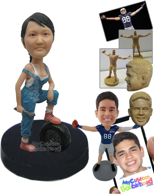 Cool Lady Wearing a Gorgeous Mechanic Attire Personalized Bobblehead
