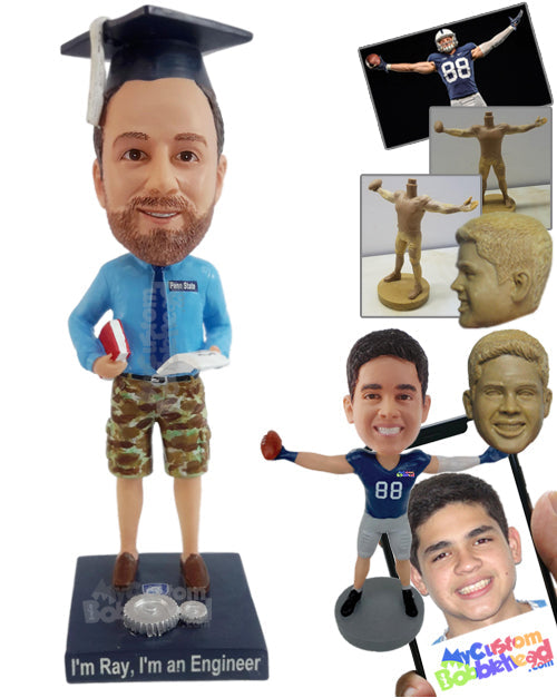 Almost Graduated Engineer Holding His Paperwork, Wearing Shorts and Loafers Personalized Bobblehead