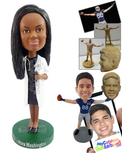Nice young doctor wearing a nice dress and lab coat, with a medical tool at hand Personalized Bobblehead