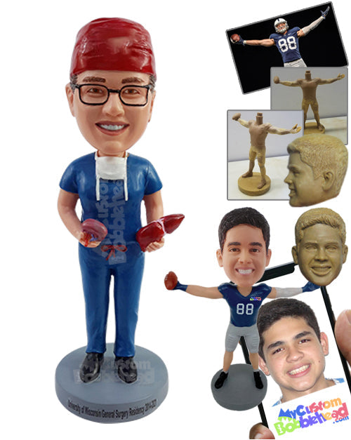 Female Medical Surgeon Wearing Scrubs and Holding Organs in Both Hands Personalized Bobblehead