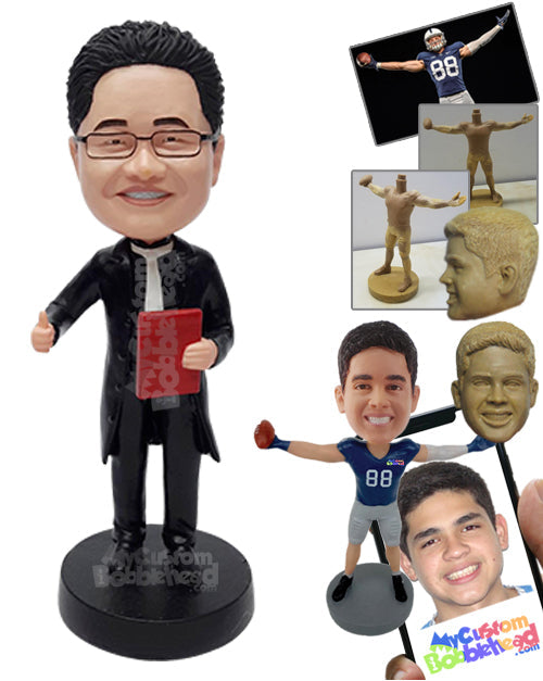 Lawyer holding a book giving thumbs up, wearing a long coat and tie Personalized Bobblehead