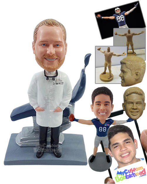 Nice optometrist doctor with both hands inside the lab coat, with a chair on the back and goggles around the neck Personalized Bobblehead
