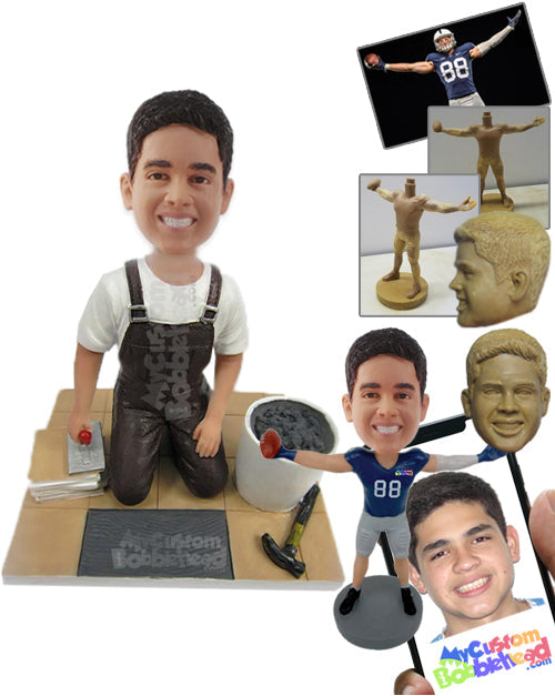 Worker Placing a Tile in Suspenders Personalized Bobblehead