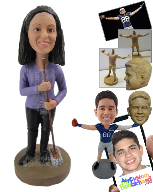 Housewife Wearing a Long-Sleeved Top Cleaning with a Broom in Hand Personalized Bobblehead