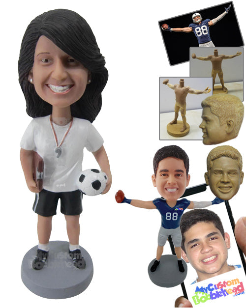 Female Soccer Coach with Notebook and Ball in Hand Personalized Bobblehead