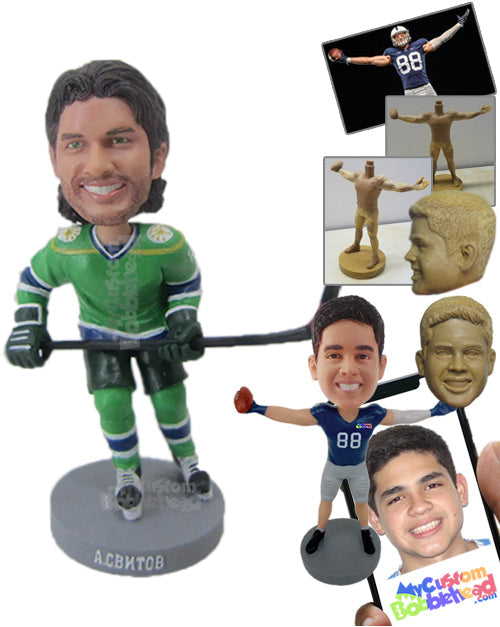 Ice Hockey Dude Staking in Ice with His Hockey Stick Personalized Bobblehead