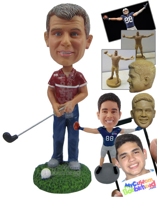 Handsome Golfer Wearing a Polo Shirt and Ready to Tee Off Personalized Bobblehead