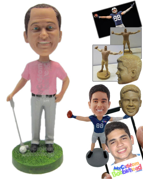 Male Golfer Wearing Casual Attire Posing with Golf Stick and Ball Personalized Bobblehead