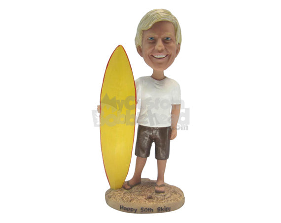 Sexy Male Surfer Wearing T-Shirt and Shorts with Surfing Board in Hand Personalized Bobblehead