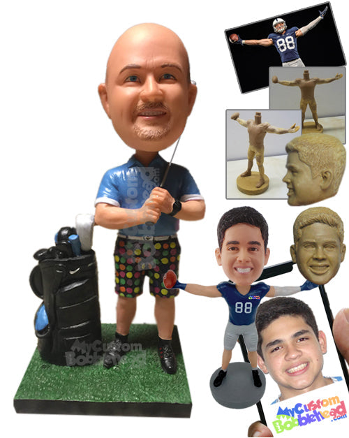Male Golfer in T-Shirt and Shorts with His Golfing Club Simulating Big Shot Personalized Bobblehead