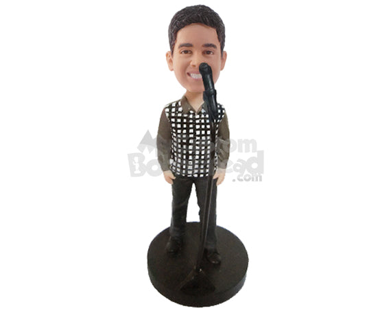 Male Singer Wearing Shirt and Jeans Ready to Sing a Song Personalized Bobblehead