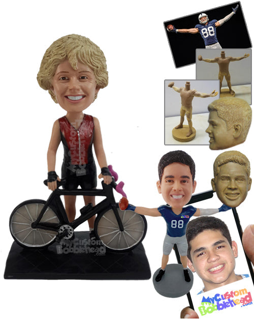 Lady Cyclist Along with Her Cycle Personalized Bobblehead