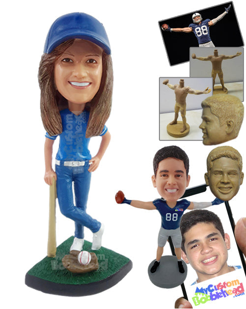 Female Softball Player Leaning on a Bat with Crossed Legs and One Hand on the Hip Personalized Bobblehead
