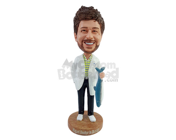 Custom Bobblehead Male doctor fishing lover holding a fish wearing doctor clothe with one hand inside pocket - Sports & Hobbies Fishing Personalized Bobblehead & Action Figure