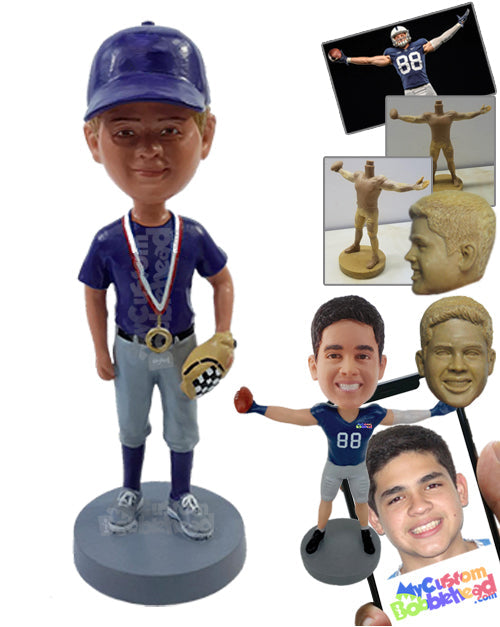 Baseball Champion Posing with His Medal Around the Neck and a Glove on the Hand Personalized Bobblehead