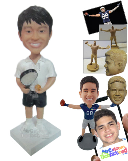 Boy with Tennis Racket, Eager for His First Competitive Match Personalized Bobblehead