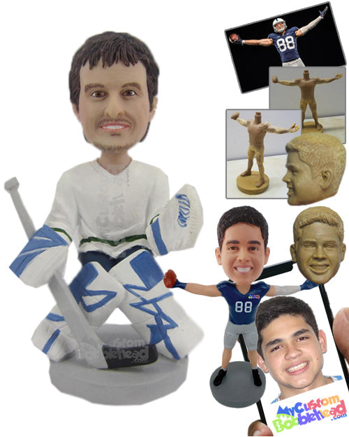 Male Ice Hockey Goalkeeper Ready to Defend His Goal Personalized Bobblehead