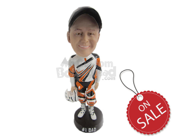 Custom Bobblehead Off-Road Motorcycle Rider In His Racing Outfit Posing For The Camera After Winning The Race - Sports & Hobbies Car Racing Personalized Bobblehead & Cake Topper