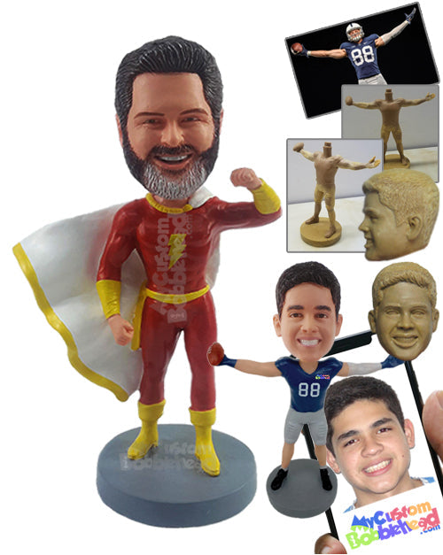 Super hero wearing a super cool outfit with his flyin cape ready to save the world Personalized Bobblehead