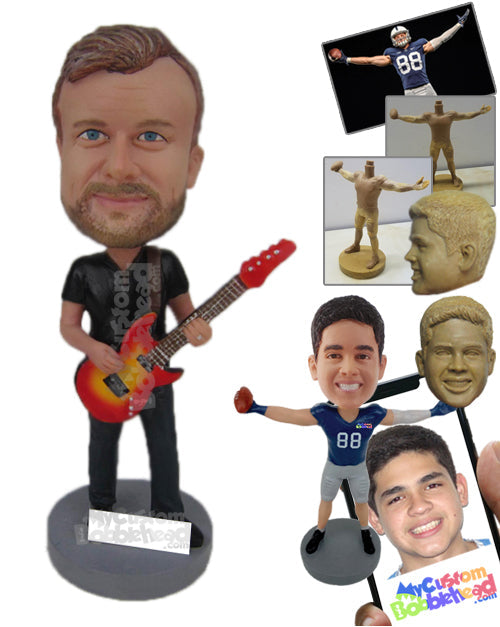 Boy in T-Shirt Strumming a Fancy Guitar Personalized Bobblehead
