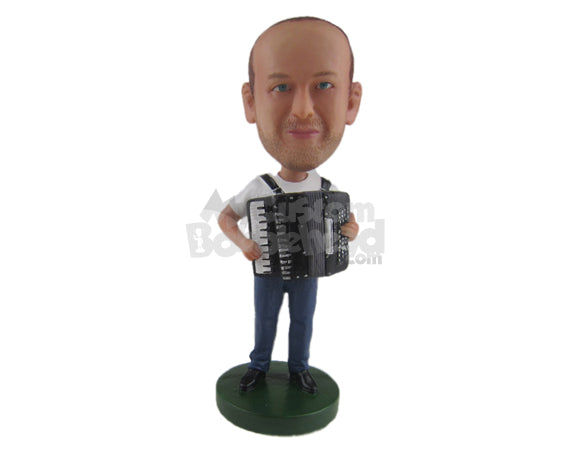 Custom Bobblehead Dude Playing A Piano Wearing T-Shirt And Jeans - Musicians & Arts Percussion Instruments Personalized Bobblehead & Cake Topper