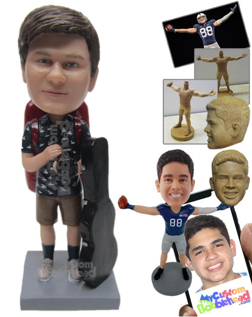 Traveling Guitarist in Shirt, Shorts, and Sneakers Personalized Bobblehead