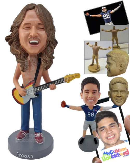 Shirtless Man with Long Hair Playing a Guitar Personalized Bobblehead