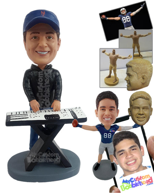 Cool Electric Keyboard Player Wearing a Nice Hoodie and Jeans Personalized Bobblehead