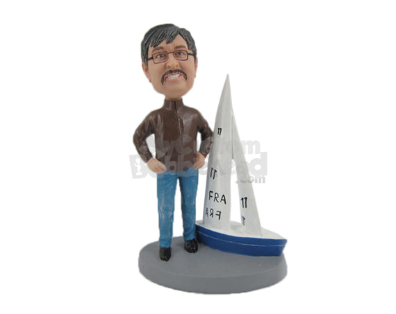 Custom Bobblehead Dude In Jacket And Jeans Standing With A Boat - Motor Vehicles Boats Personalized Bobblehead & Cake Topper