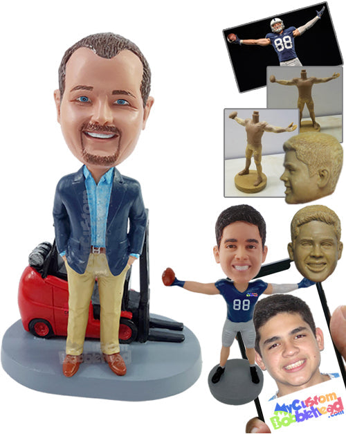 Businessman Wearing Nice Outfit with a Forklift Truck Personalized Bobblehead
